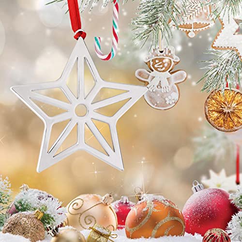 Set of 6 Silver Star Christmas Ornaments with Red Ribbon - Holiday Tree Decor