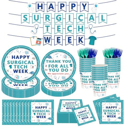 Surgical Tech Party Plate Set - Disposable Plates Cups Napkins Forks Banner for 25 Guests