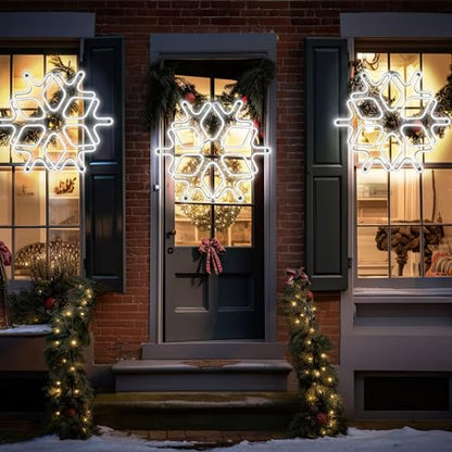 Large LED Snowflake Lights 24 Inch Set of 3 Christmas Decor White Variation