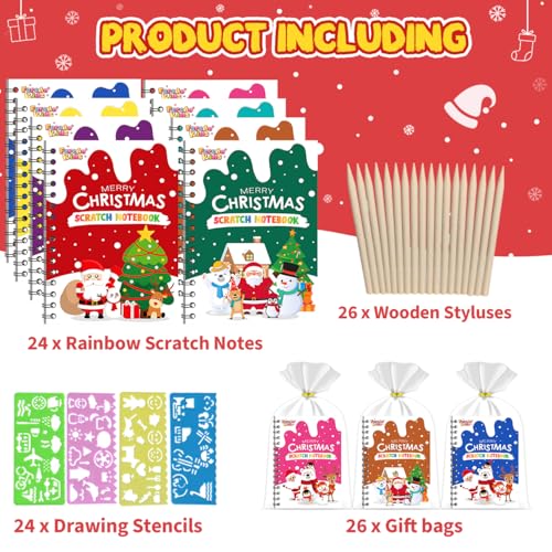 24 Pack Christmas Scratch Notebooks Art Party Favors for Kids - Rainbow Designs