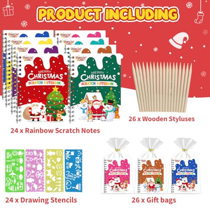 24 Pack Christmas Scratch Notebooks Art Party Favors for Kids - Rainbow Designs