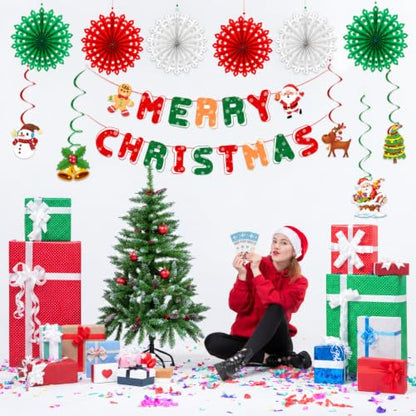 Christmas Party Decorations Set with Banner, Paper Fans & Swirls - Red Green Holiday Decor