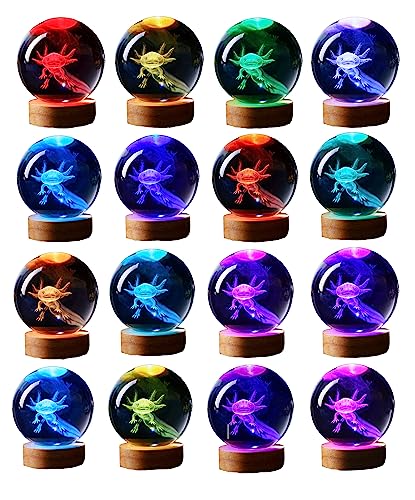 3.15 Inch Axolotl Night Light Crystal Ball with Wooden Base 16 Colors Change Remote Pack of 2