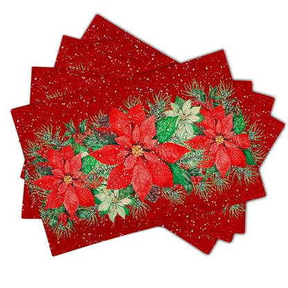 Red Poinsettias Placemats Set of 4 - 12 x 18 Inch Winter Holiday Table Decor