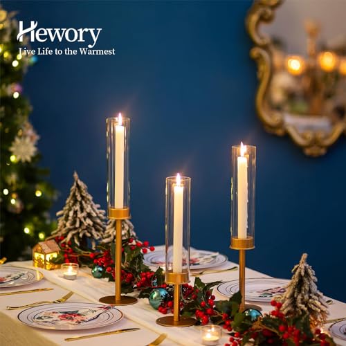 Hewory Gold Candlestick Holders Set of 12 - Glass Hurricane with Brass Bases, Matte Gold Variation