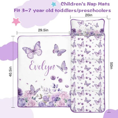 Personalized Toddler Nap Mat with Name - Butterfly Kids Roll Up with Pillow & Blanket, Style 2, 50x20"