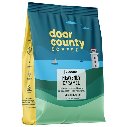 Door County Coffee - Heavenly Caramel Medium Roast - Sweet & Buttery Flavored Ground Coffee - 20 oz Bag