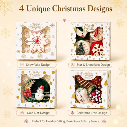 24PCS 4x4x2 Inch Christmas Treat Boxes with Clear Window – White, Gold Foil Pattern, 6 Per Style