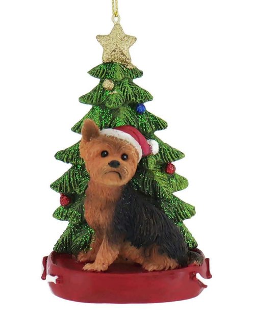 Yorkshire Terrier With Christmas Tree Ornament, Resin For Personalization
