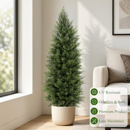 4FT Artificial Topiary Trees - Outdoor UV Resistant Faux Cedar Set with Pot - 2 Pack
