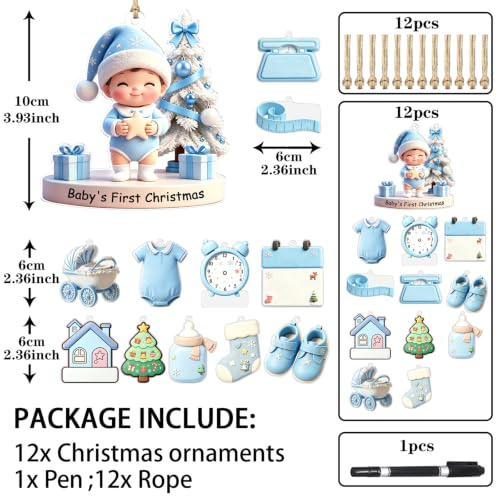 12 Pcs Baby's First Christmas Ornament Set - Blue Acrylic Flat Keepsake Decorations with Pen