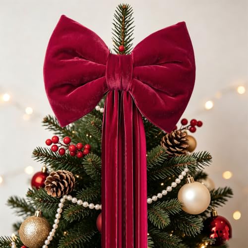Large Velvet Christmas Tree Topper Bow - Red Burgundy Holiday Decor 60x16 In