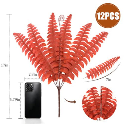 Artificial Ferns Outdoor Fall Decorations - 12pcs Red Fern Stems