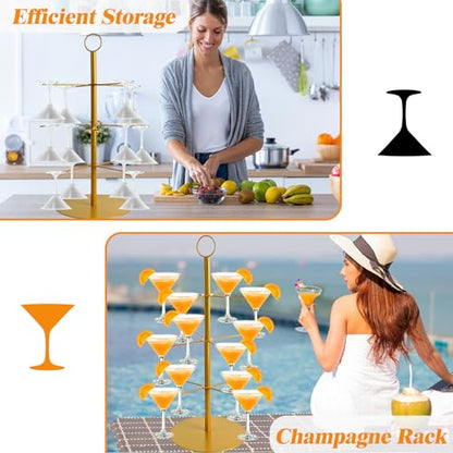 Gold 2 Pack Champagne Tower for Parties, 3-Tier Cocktail Glass Stand