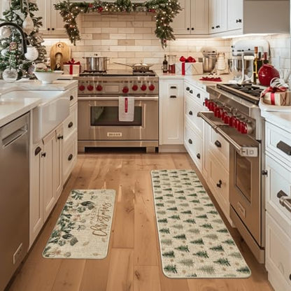 Holiday Christmas Tree Floor Mats Set of 2 - Non-Slip Kitchen Rugs 17x29 & 17x47 Inches