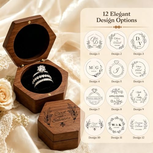 Wedding Day Ring Box with Custom Name & Date - Hexagon 3-Slot Design