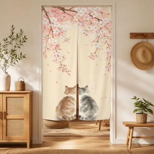 Japanese Noren Doorway Curtain Cherry Blossom Ink Cat Design 33.5x59 Inch - Pink Grey