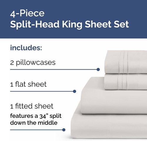 Flex Top Split Head King Sheet Set - Comfy, Breathable & Cooling Luxury Bedding - Deep Pockets, Soft French Grey