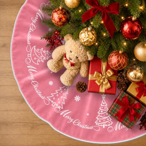 Pink Velvet Christmas Tree Skirt 48 Inch Snowflake Embroidery Holiday Decor - Variation of Tree Pink / 48 inch