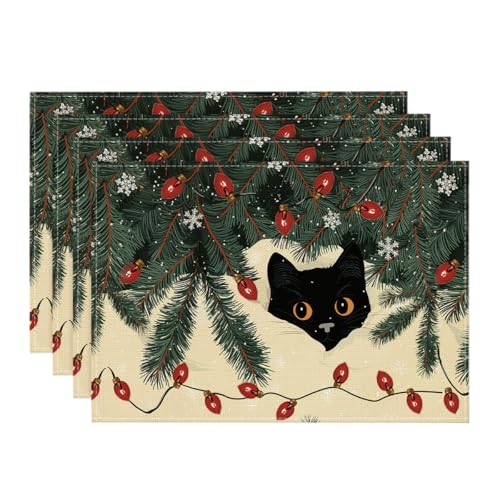 Christmas Cat Placemats Set of 4 12x18 Inch Seasonal Holiday Table Decor