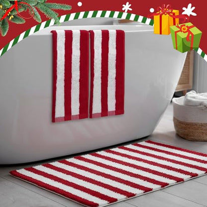 Newwiee 4 Pcs Christmas Bathroom Set with Red and White Striped Rugs and Towels - Holiday Decor