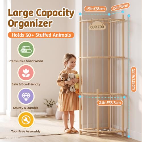 Corner Plush Toy Storage Tower - 52 Inch Kids Room Organizer, Space-Saving Design