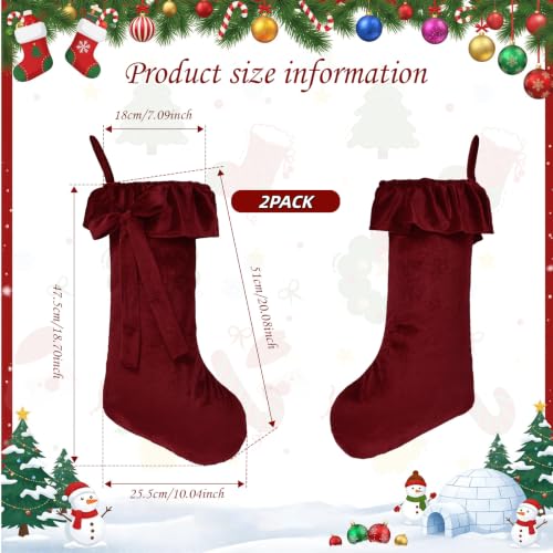 2PCS Extra Large Velvet Christmas Stockings 20 Inch Burgundy with Bow