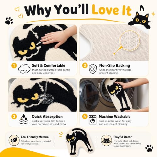 Black Cat U-Shaped Toilet Rug - Washable Bathroom Mat, 24x20 Inches
