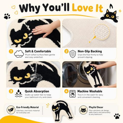 Black Cat U-Shaped Toilet Rug - Washable Bathroom Mat, 24x20 Inches