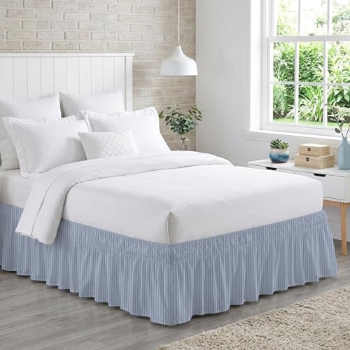 King Size Sky Blue Striped Bed Skirt - 16 Inch Drop, Wrap Around, Easy Fit