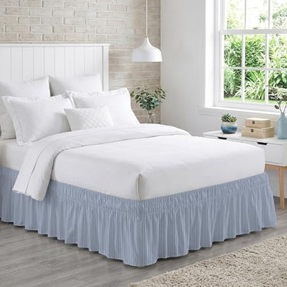 King Size Sky Blue Striped Bed Skirt - 16 Inch Drop, Wrap Around, Easy Fit