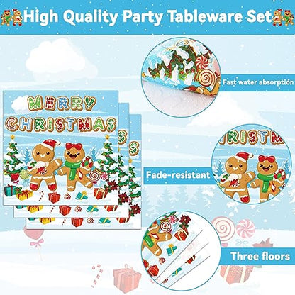 Gingerbread Party Supplies Set - Paper Plates Napkins & Plastic Forks for Christmas Celebration - Variation of Gingerbread Party