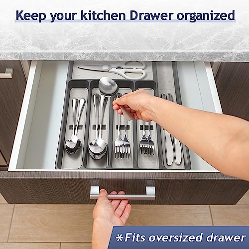 Silverware Organizer with Cutlery Icons，Silverware Tray for Kitchen Drawer，Plastic Flatware Tableware Silverware Drawer Organizer Utensil Organizer with Non-slip TPR Linings，5-Compartment，Pink