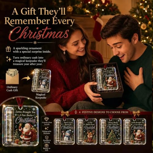 Snowman Christmas Cash Gift Ornament - Holographic Clear Holiday Keepsake