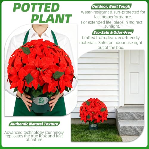 Red Artificial Poinsettia Christmas Plant in Pot - 20 Inch Holiday Decor - UV Resistant Indoor Outdoor