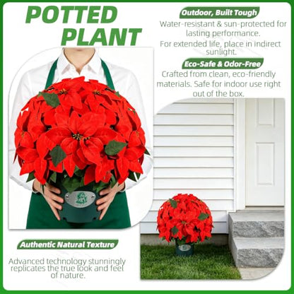 Red Artificial Poinsettia Christmas Plant in Pot - 20 Inch Holiday Decor - UV Resistant Indoor Outdoor