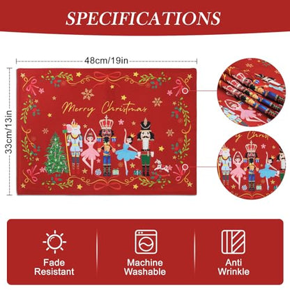 Christmas Nutcracker Double-Layer Placemats Set of 4 - Red, 13x19 Inch, Washable & Heat-Resistant Holiday Table Decor Variation of Nutcracker Red / Rectangle 13 x19 inch