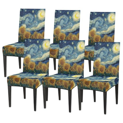 Sunflowers Swirly Moon Print Dining Chair Covers Set of 4 - Removable Washable Stretch Slipcovers for Kitchen