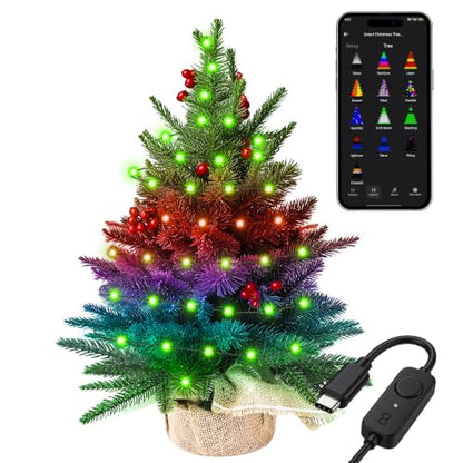Mini Green Christmas Tree with RGB Lights - App & Voice Control, 22.8in