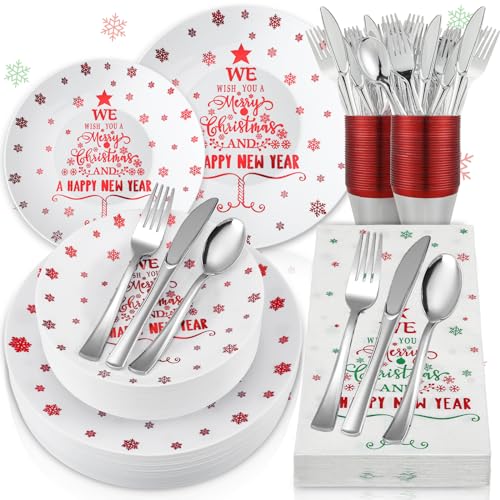 Christmas Plastic Dinnerware Set for 30 Guests - Plates, Cups, Cutlery & Napkins
