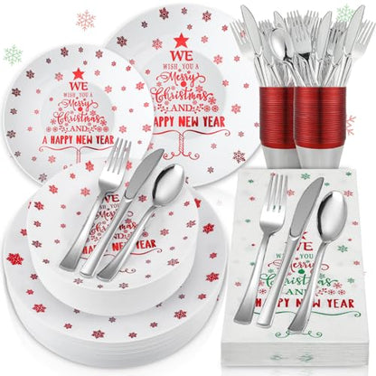 Christmas Plastic Dinnerware Set for 30 Guests - Plates, Cups, Cutlery & Napkins