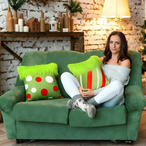 Christmas Green Faux Fur Pillow Covers Set - 18x18 Inches, Vivid