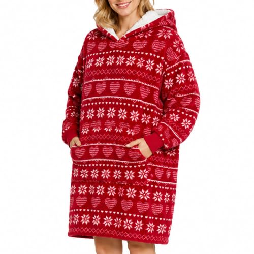 Wearable Blanket Hoodie for Adults - Fleece-Lined Cozy Oversized Wrap with Hood - Red Christmas Variation