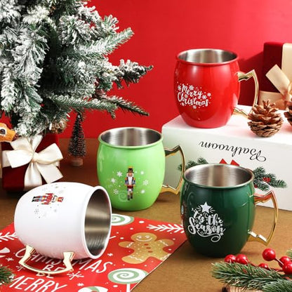 Nutcracker Christmas Mug Set - 4 Pcs 16 oz Moscow Mule Drinkware, Red White Green