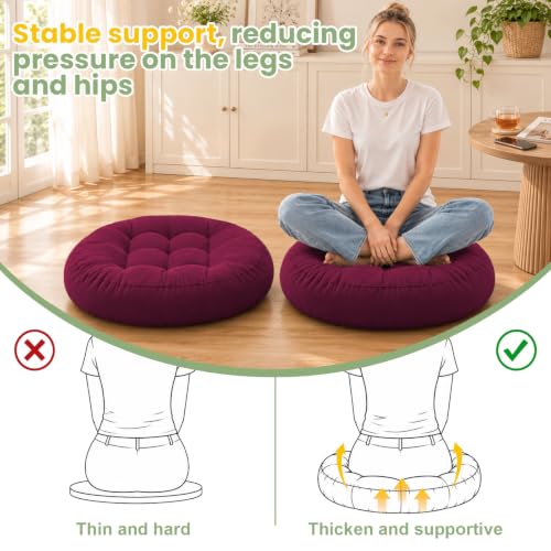 Large 20 Inch Round Floor Pillow Set of 2 - Wine Red Tufted Corduroy Meditation Cushions for Floor Seating and Relaxation