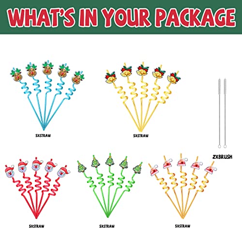 Christmas Glitter Drinking Straws Party Favors - 25 Pack with Cleaning Brushes