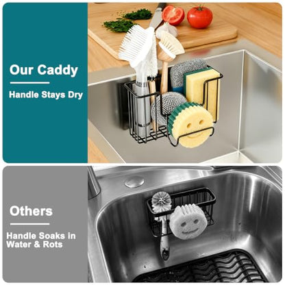 Black Sponge Holder for Kitchen Sink - Hanging Sink Organizer with Adhesive Hook