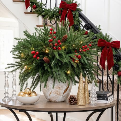 Green Pine Branches with LED Lights and Berries - 24 Piece Holiday Decor Set