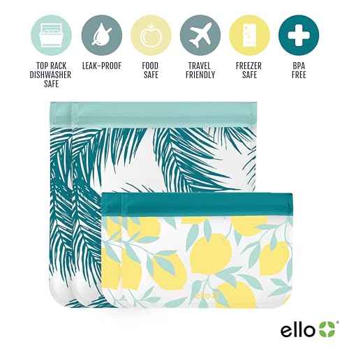 Ello 4 Pack Reusable Food Storage Bags, Resealable BPA-Free, Food-Safe PEVA, Feezer Safe and Leak-Proof