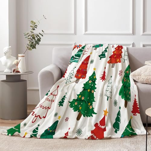 Christmas Trees Blanket - Red Green Winter Holiday Throw Blanket 50x60 Inches - Cozy Flannel